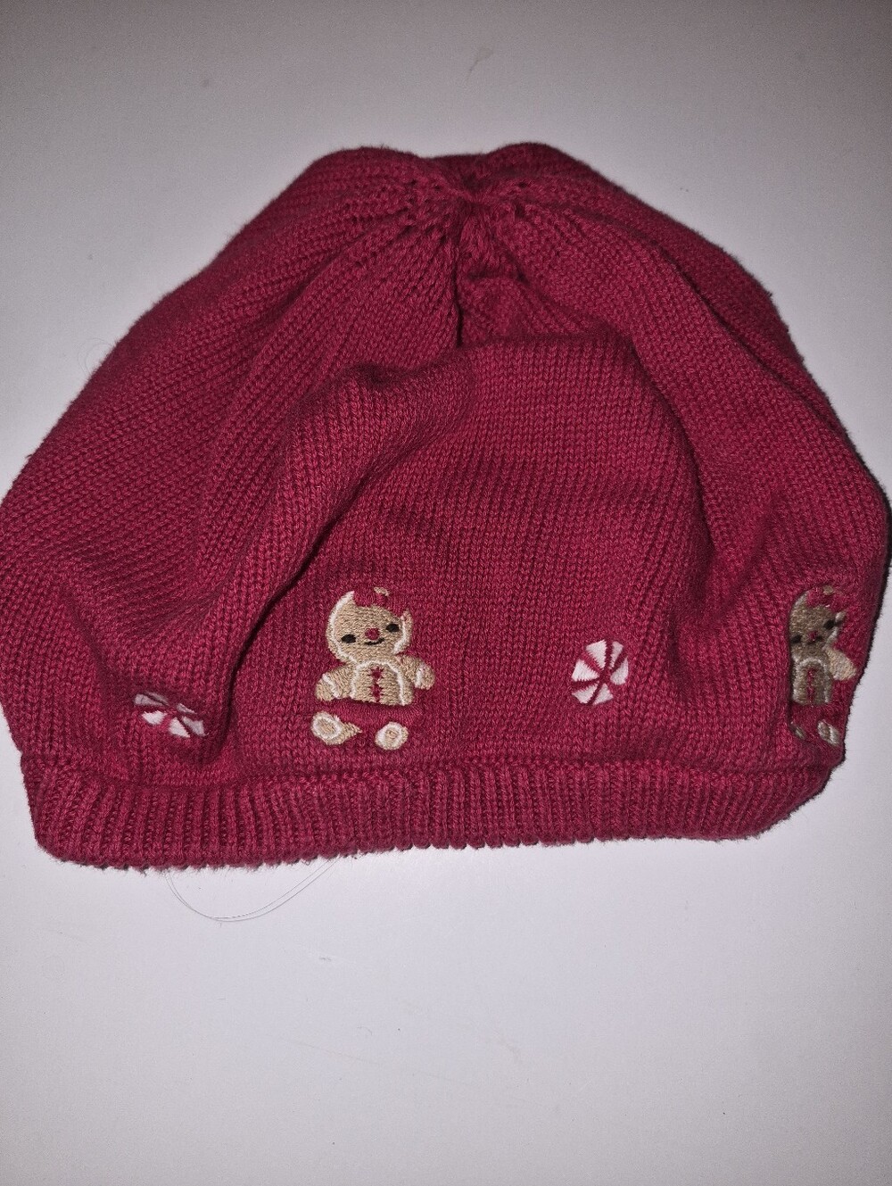 Vintage Y2k Gymboree Red Knit Baby Beanie with Gingerbread Candy Holidays Motifs
